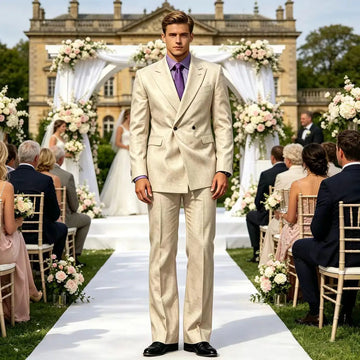 Vintage Men's Beige Linen Suit Notched Lapel Double Breasted Formal Blazer Set Summer Lightweight Wedding Party Trousers Suit Fo