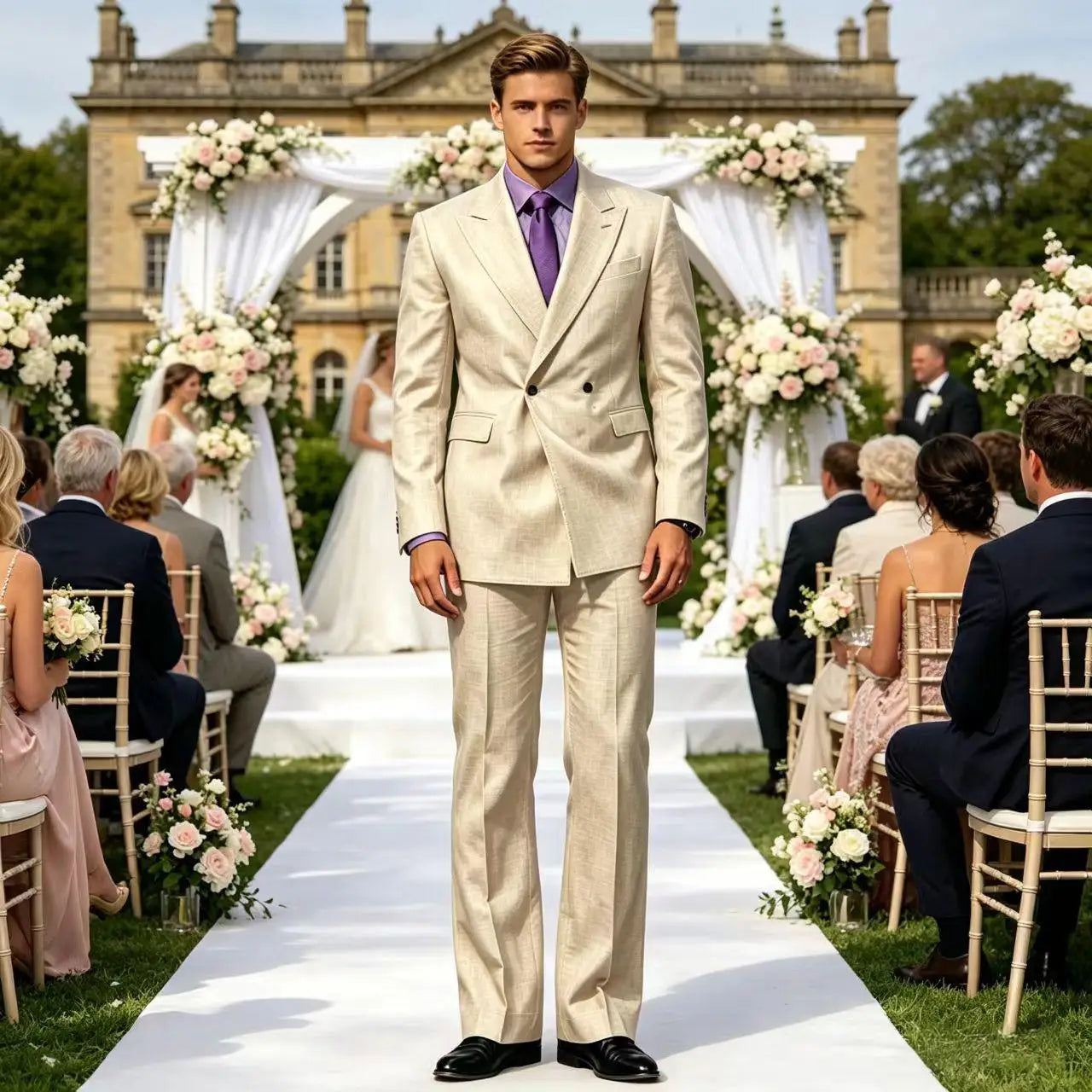 Vintage Men's Beige Linen Suit Notched Lapel Double Breasted Formal Blazer Set Summer Lightweight Wedding Party Trousers Suit Fo