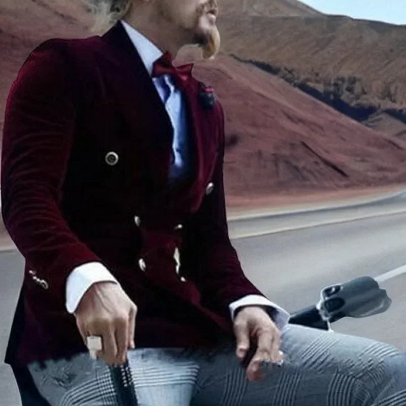 Burgundy Velvet Smoking Jacket For Men Slim Fit Double Breasted Casual Suit Blazer 1 Pcs Groom's Fashion Coat 2025