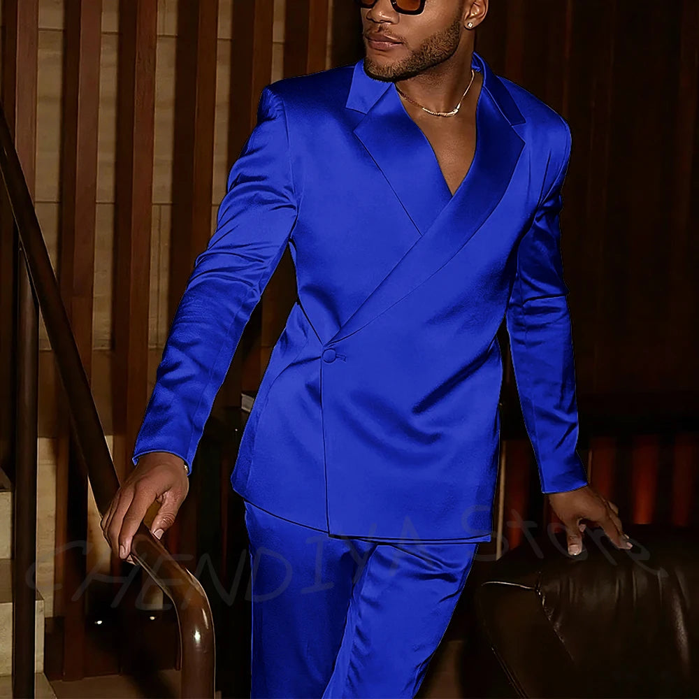 Fashion Notch Lapel Satin Men Suit High Quality Single Button Slim Fitted Outfit Jacket Pants Model Show Party Prom Male Set