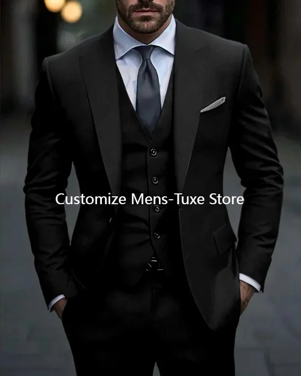 Dark Grey High Quality Men Suits Slim Fit Single Breasted Peak Lapel Elegant Groom 3 Piece Jacket Pants Vest  Male Sets