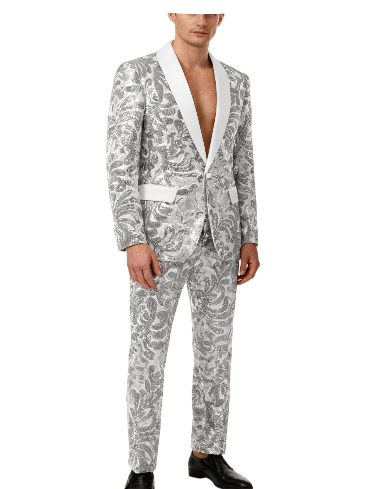 Men's Sequin Paisley Tuxedo Set Suit White Satin Shawl Lapel Slim Fit 2 Piece Blazer+Pants For Wedding Prom Party Suit Plus Size