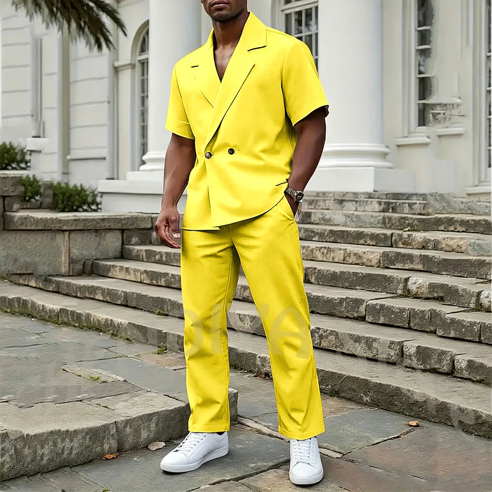 Stylish Men's 2 Piece Sets Notch Lapel Double Button Short Sleeves Blazer Suit Straight Fit Summer Casual Fashion Outfit