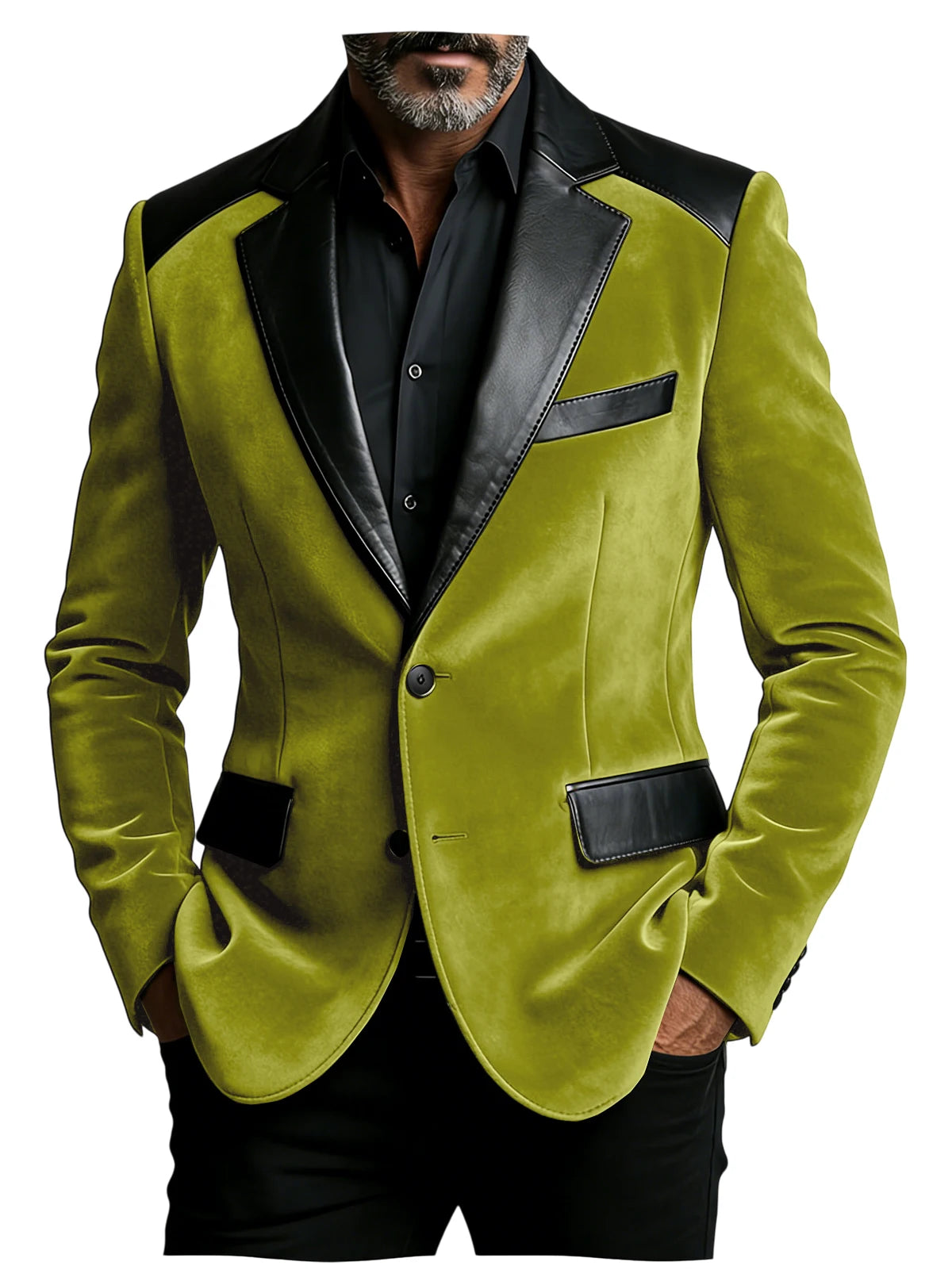 Men's Velvet Blazer with Leather Patchwork Slim Fit Two Button Peak Lapel Suit Jacket for Business Wedding Party Flap Pockets