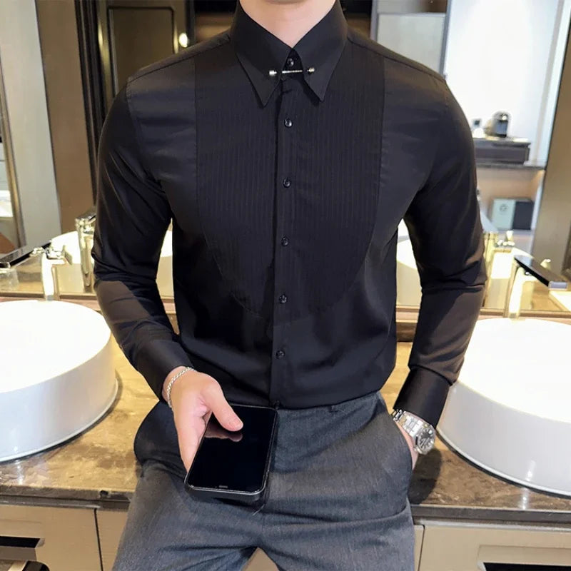 2023 autumn Pleated Metal Decorative Shirt Men Long Sleeve Casual Business Dress Shirts Social Party Tuxedo Blouse men clothing