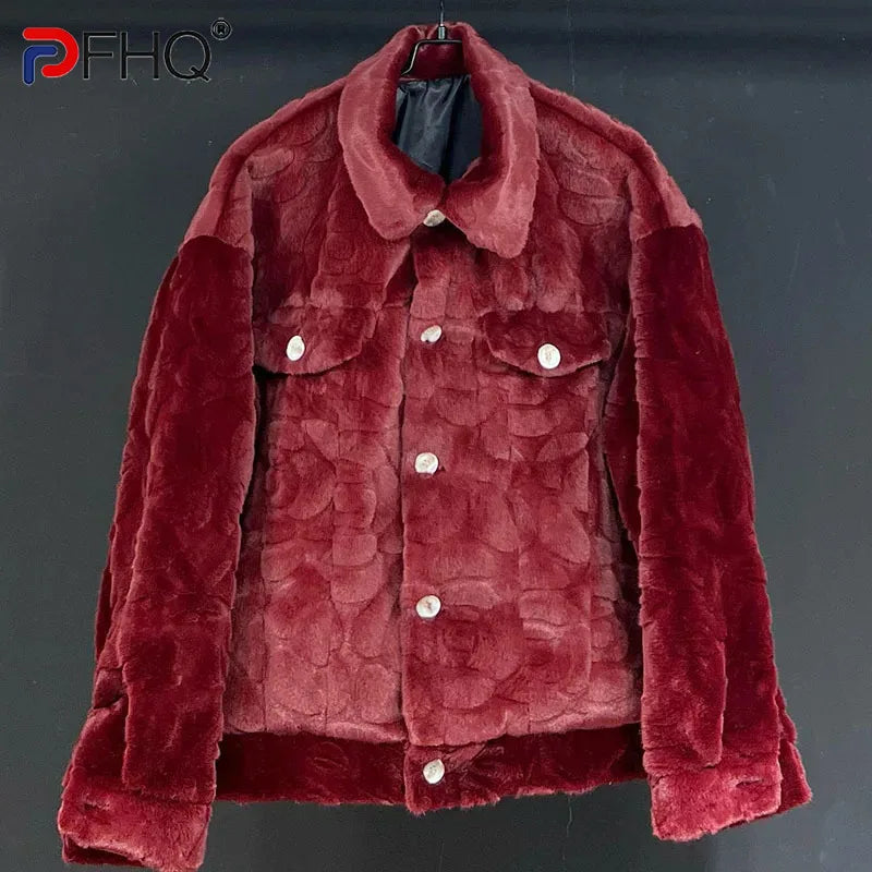 PFHQ Faux Fur Coat 2024 Autumn Winter New Imitation Thick 2024 Solid Color Turn-down Collar Male Tops Streetwear 21Z8006