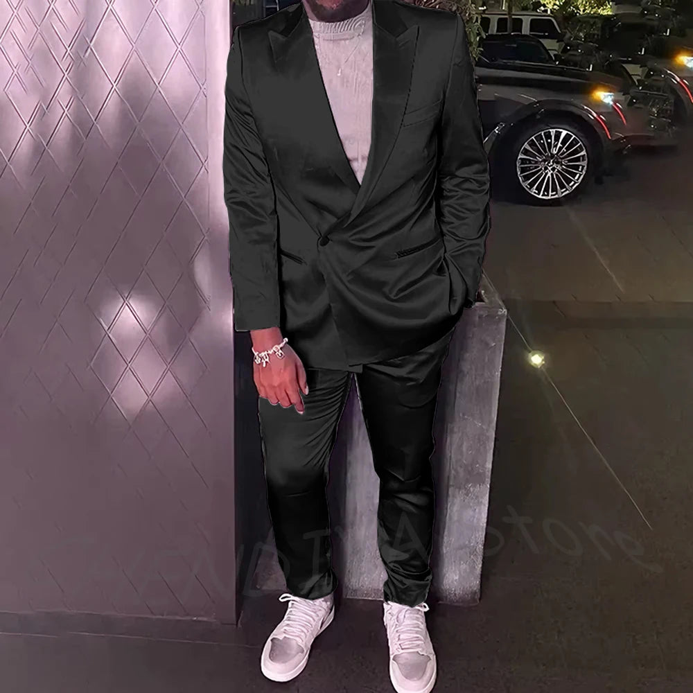 Silver Satin Men Suits 2 Piece Chic Peak Lapel Casual Daily Suit Single Button Formal Evening Party Tuxedo (Blazer+Pants)