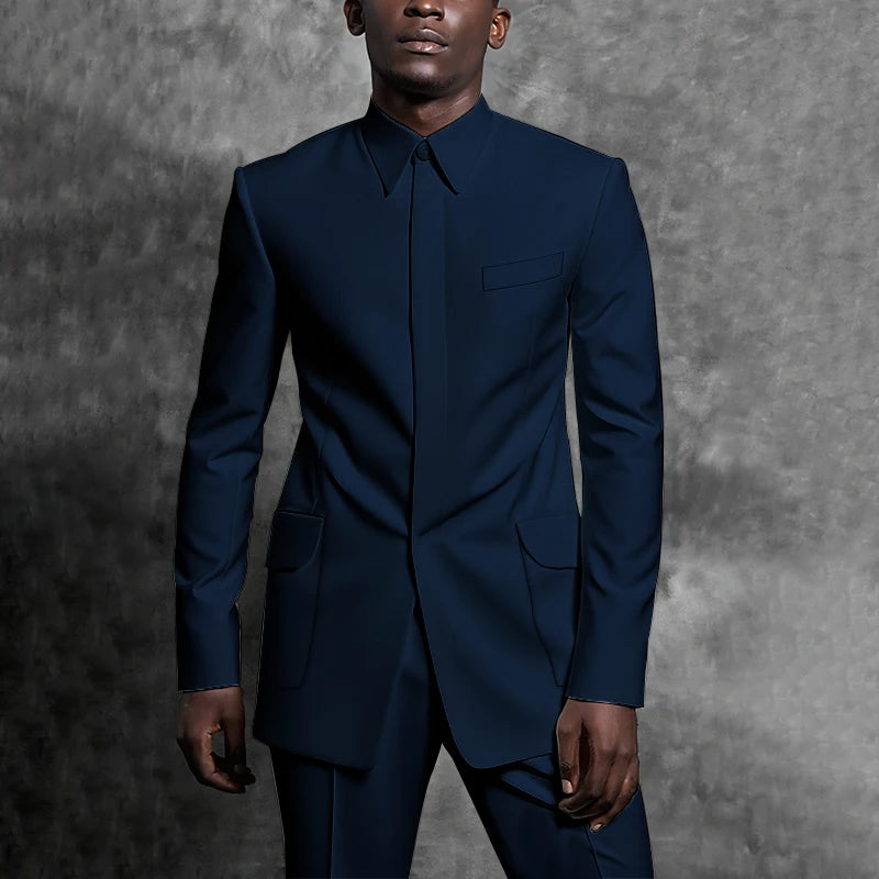 Tailored Suits Stand Collar Tuxedo Gentleman Solid Color Outfit Man Suit Set 2 Piece Smart Casual Daily Office Male Clothing