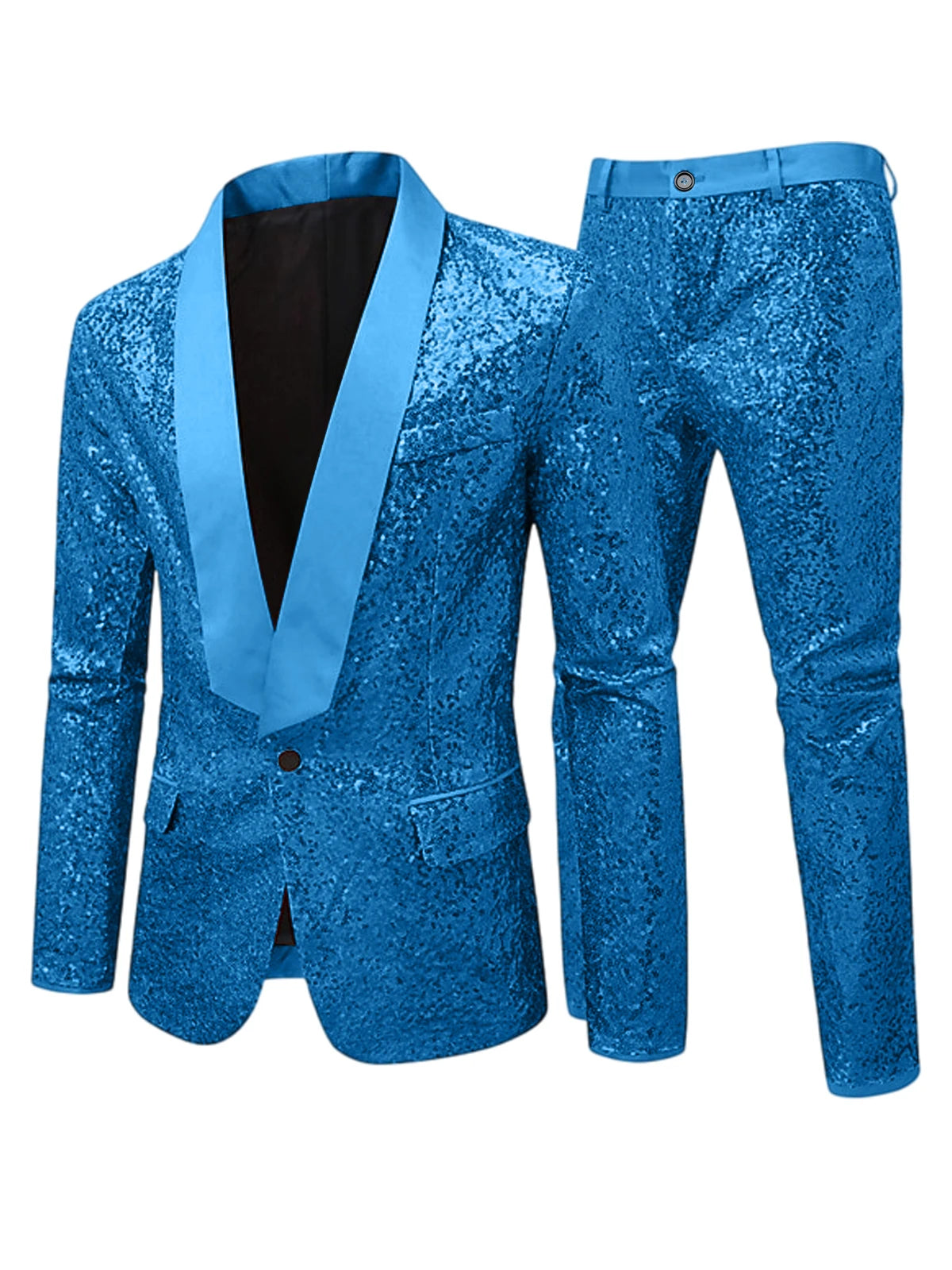 Men's Sequin Tuxedo Suit Set Shiny One Button Satin Patchwork Shawl Lapel Slim Fit 2 Piece Blazer Pants For Wedding Party Prom