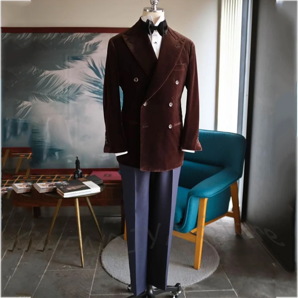 Italian Style Luxury Men Suit Slim High Quality Peaked Lapel Double Breasted Formal Party Outfit Wedding Suit Customized