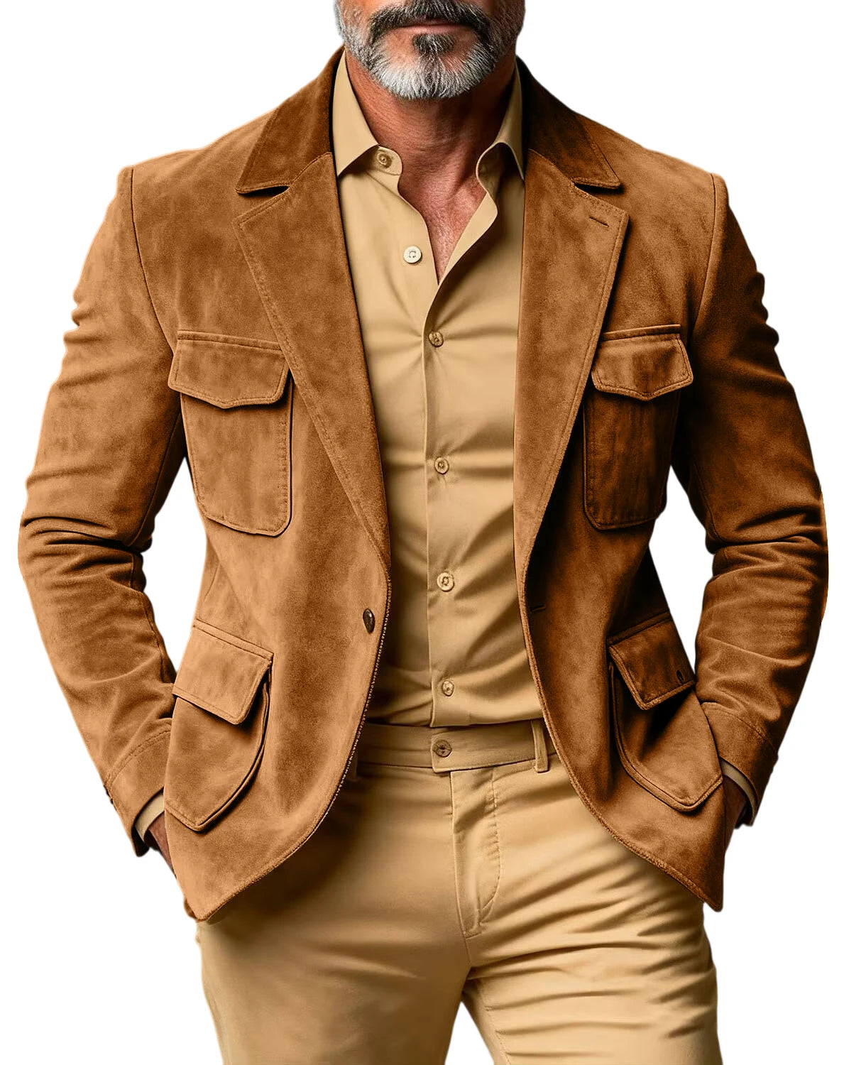 Men's Suede Safari Blazer Slim Fit Notch Lapel Multi-Pocket Hunting Jacket Autumn Winter Casual Business Sport Coat