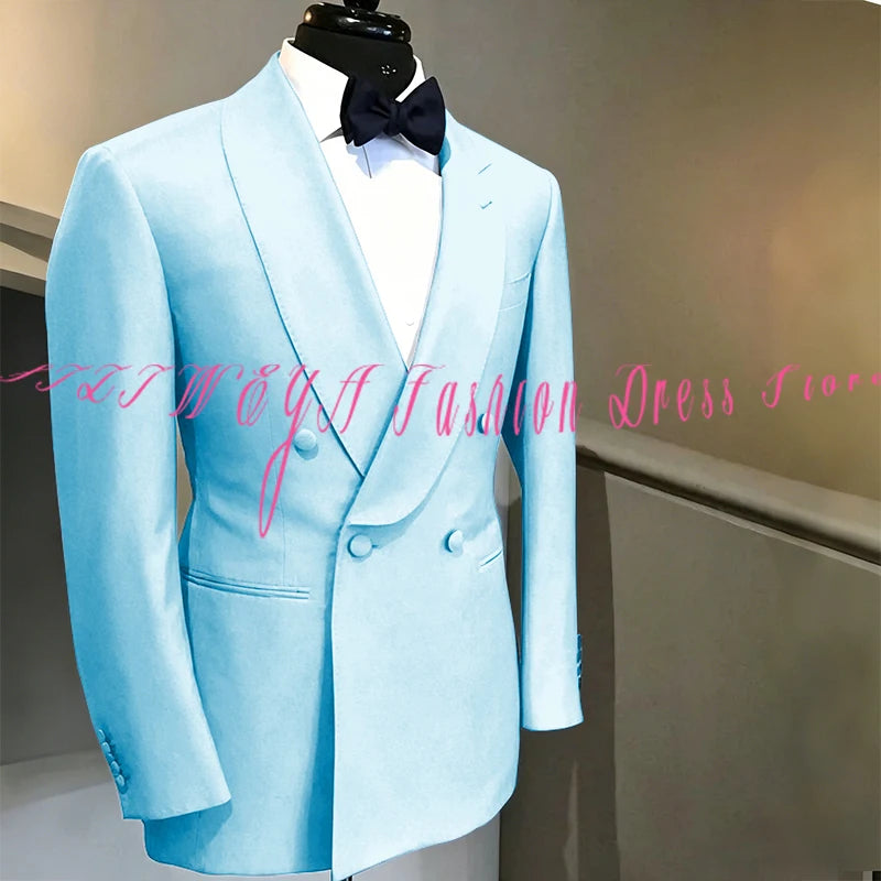 Blue Double Breasted Men's Suit Wedding Groom Tuxedo High Quality Boutique Male Clothing Jacket+Pants