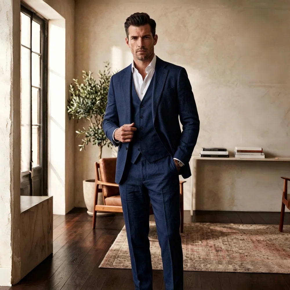 3 Pieces Linen Breathable Suit Separates Blazer with Vest Pants for Men Summer Beach Wedding Casual Party Suits for Men Suits