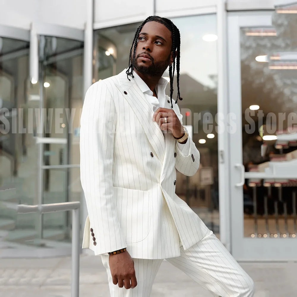 Luxury White Men's Suits 2 Piece Jacket Pants Full Sets Double Breasted Peak Lapel Elegant Male Clothing Custom Costume Homme