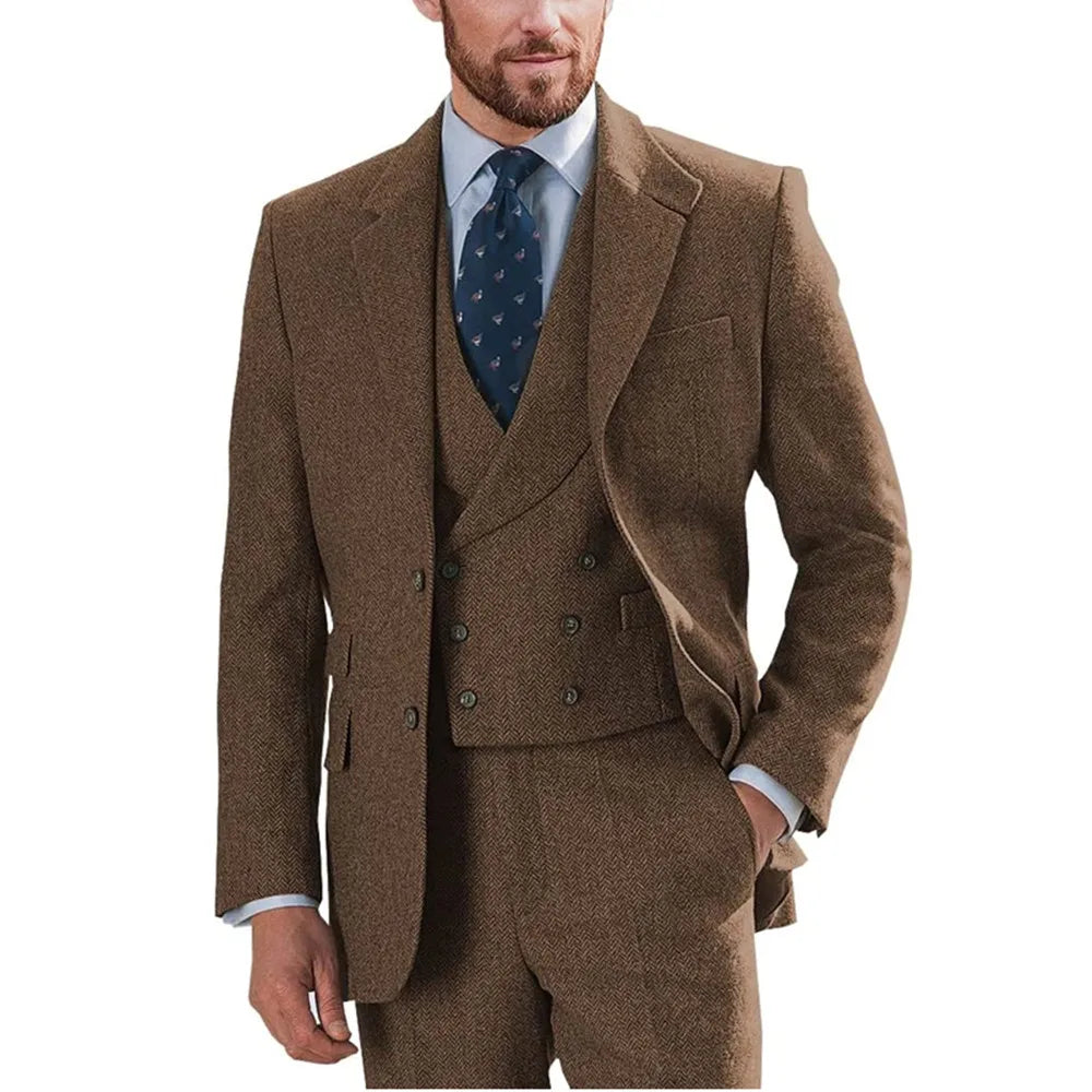 3 Pieces Men's Suits Double Breasted Herringbone Wool Tweed Casual Business Suits For Groommen  Wedding （Blazer+vest+Pants）