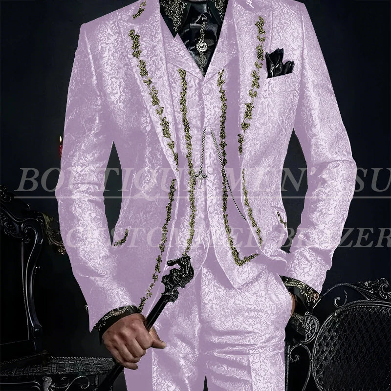 Elegant Black Jacquard Men Suits Embroidery Single Breasted Slim Fit 3 Piece Jacket Pants Vest Male Clothing Blazer Terno 2024