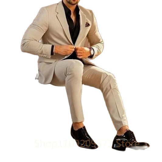 Fashion 2024 Costume Slim Fit Men Suits For Men 2 Piece Beige Wedding Groom Tuxedo Male Jacket With Pants Custom Made