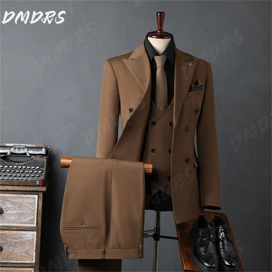 Hot Sale Dark Brown Men's Suit Set 3PCS Jacket Vest Pants For Formal Banquet Event Elegant Groom Suit Set Host Party Suit