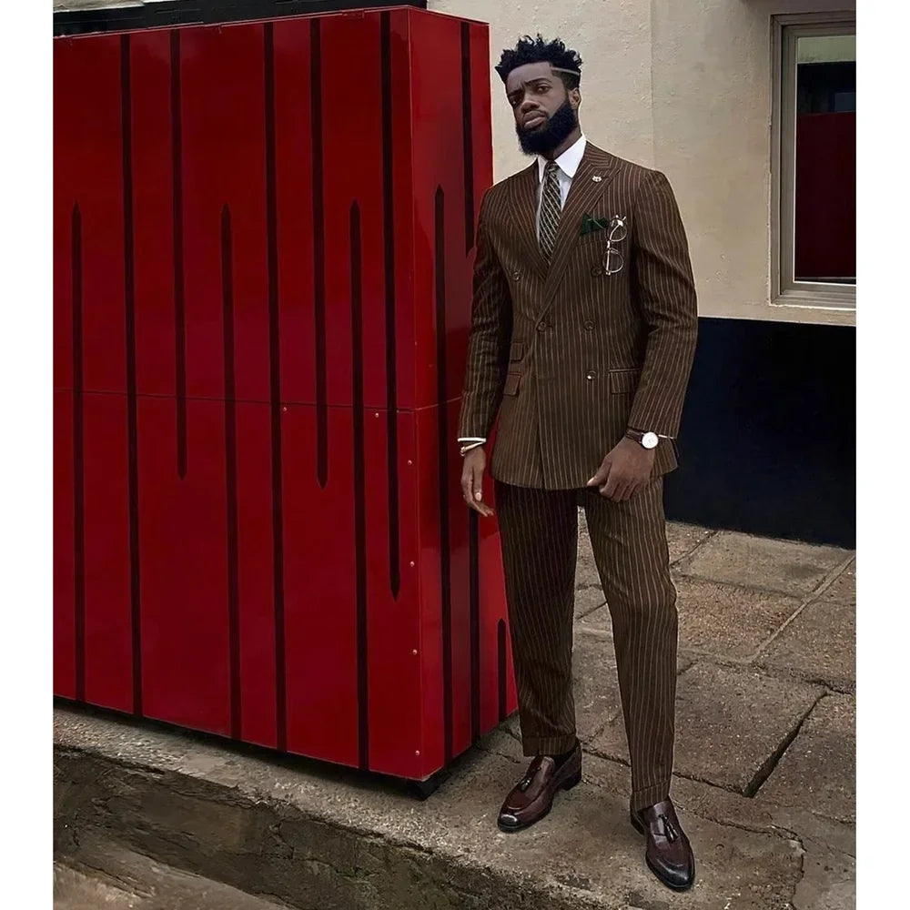 Brown Stripe Men Suits 2 Piece Chic Double Breasted Business Casual Outfits Fashion Peak Lapel Wedding Tuxedo (Jacket+Pants)