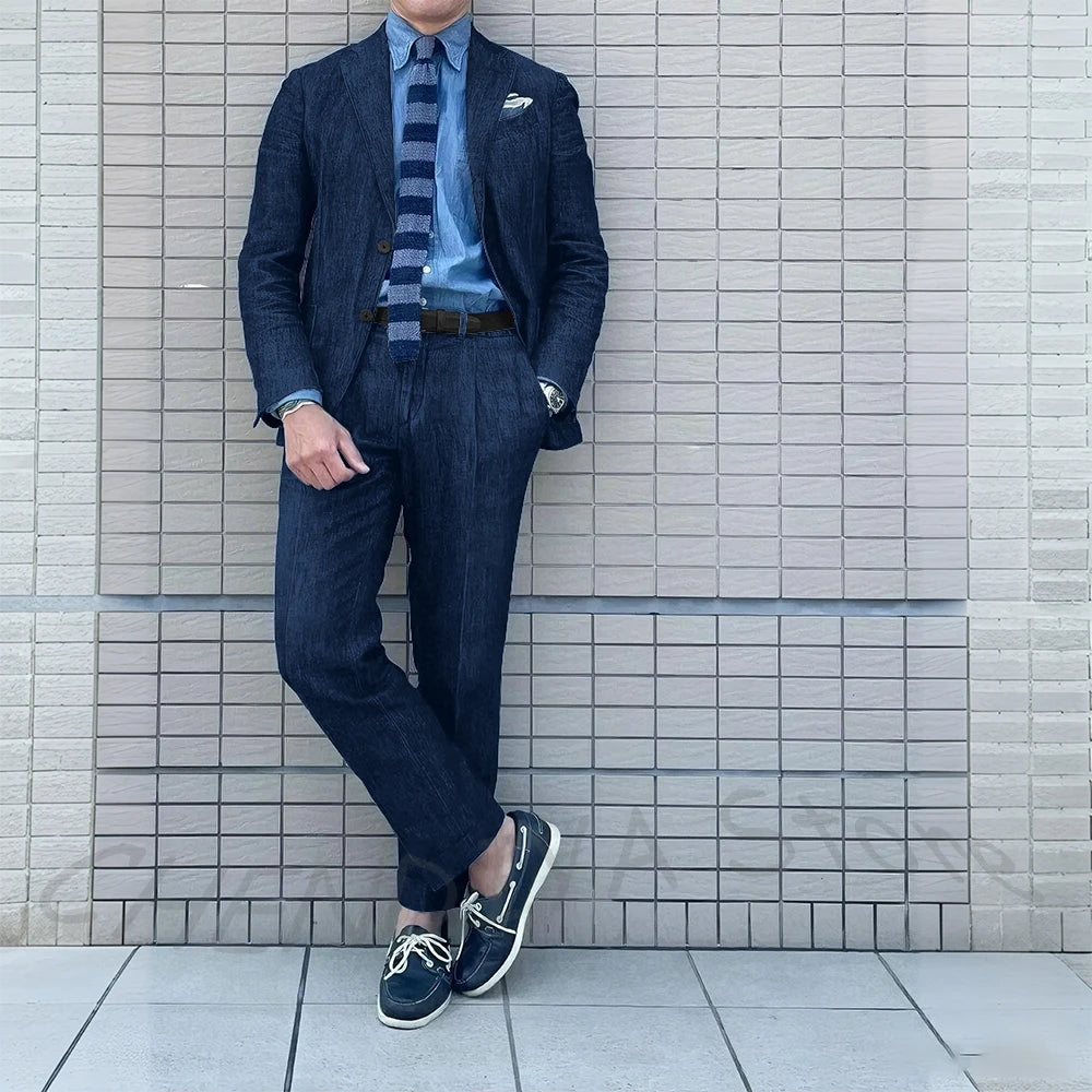 Denim Men Suits Tailor-Made 2 Pieces Slim Fit Coat Pants Prom Tuxedos Wedding Groom Formal Work Casual Tailored Costume Homme