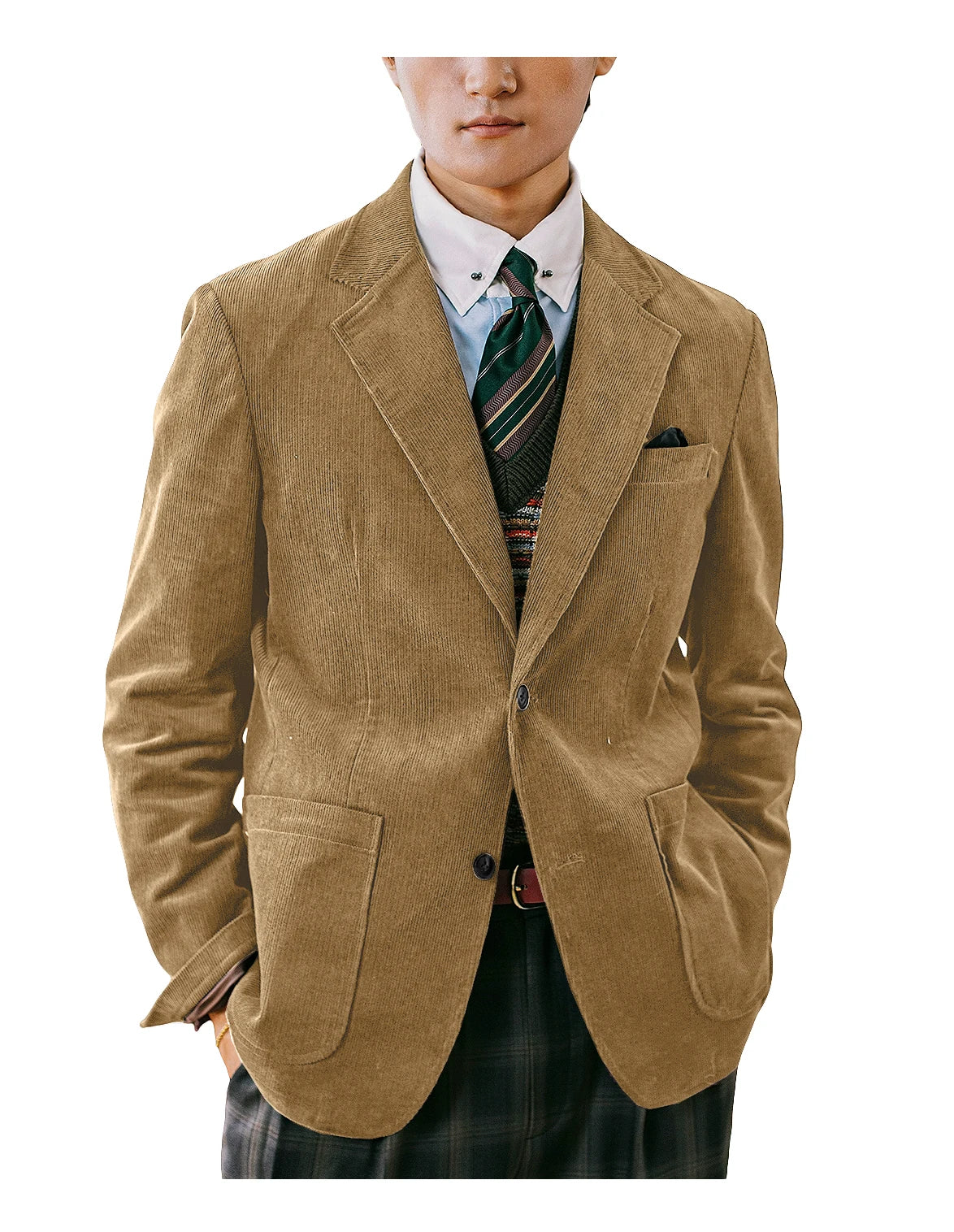 Men's Corduroy Blazer British Style Notched Lapel Casual Slim Fit Suit Jacket For Business Wedding Daily Wear Party