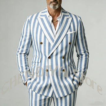 Casual Wide Striped Men's Suit Double Breasted Peaked Lapel Tailored Costume Homme Smart Business Office Daily Party Outfit