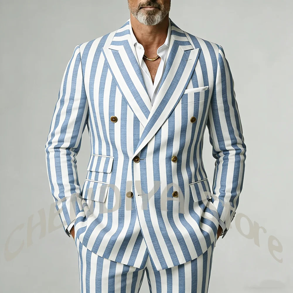 Casual Wide Striped Men's Suit Double Breasted Peaked Lapel Tailored Costume Homme Smart Business Office Daily Party Outfit