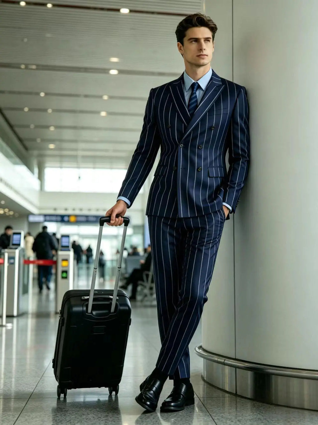 Men's Pinstripe 2 Piece Suit Set Double Breasted Peak Lapel Slim Fit Striped Tuxedo Suit For Wedding Prom Business Formal