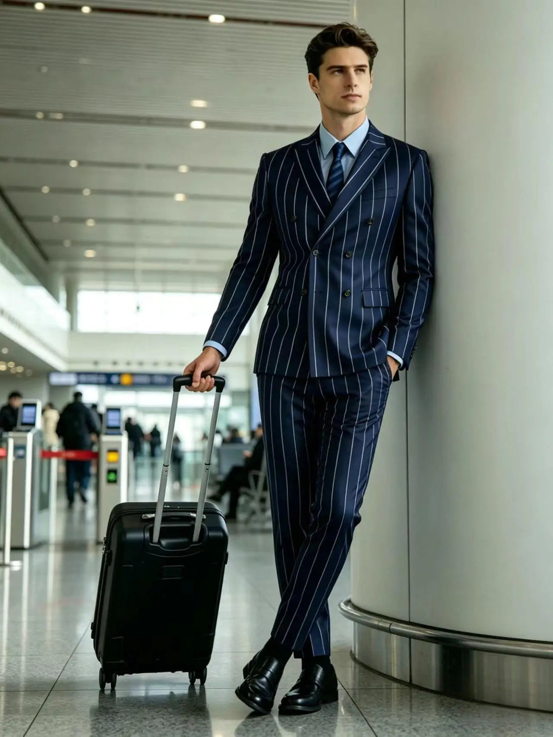Men's Pinstripe 2 Piece Suit Set Double Breasted Peak Lapel Slim Fit Striped Tuxedo Suit For Wedding Prom Business Formal