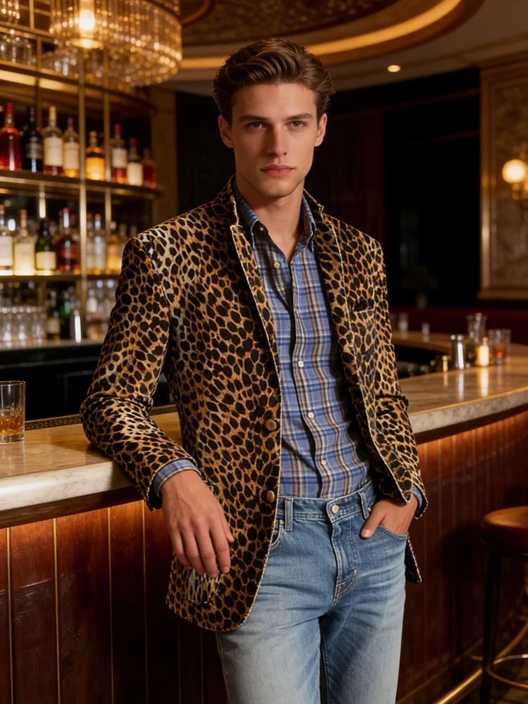 High-Quality Men's Suit Jacket New Leopard Print Velvet Single Breasted Men's Suit Coat Wild And Trendy Handsome Men's Blazer