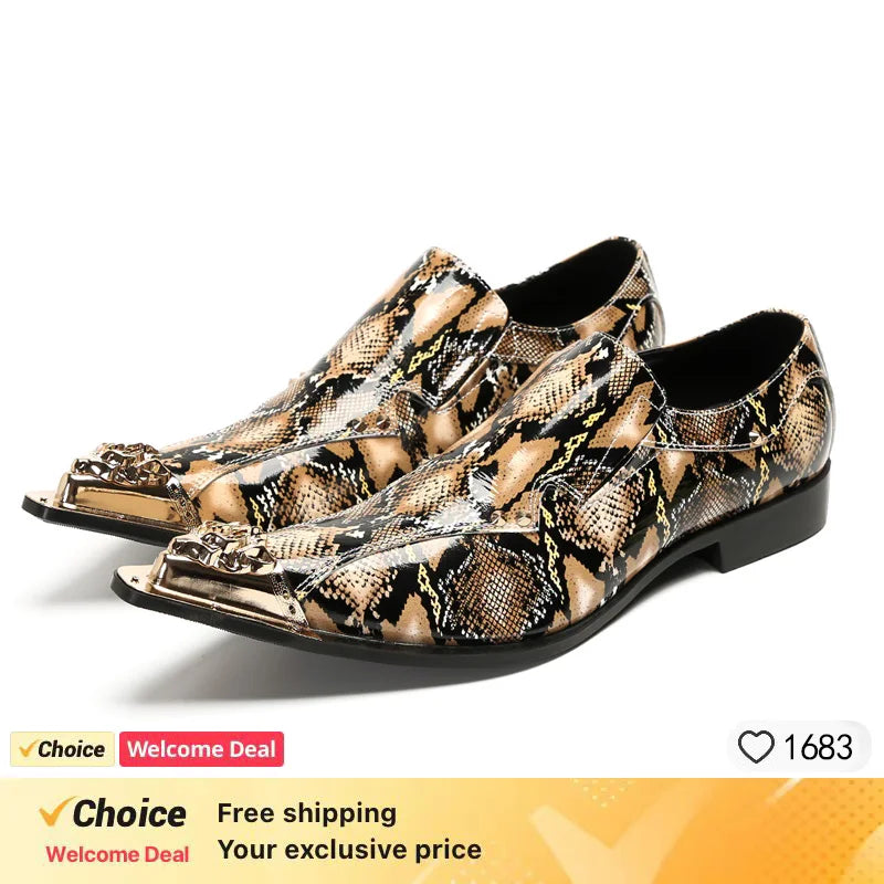 Spring and Autumn Python skin Metal Chain Fashion Shoes Cap Man Commercial affairs Banquet Marry Formal Wear Leather Shoes