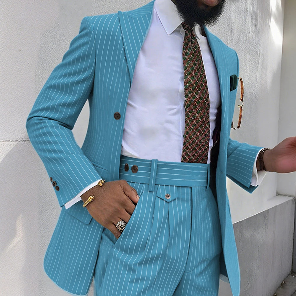Brown Stripe Men Suits 2 Piece Chic Double Breasted Business Casual Outfits Fashion Peak Lapel Wedding Tuxedo (Jacket+Pants)