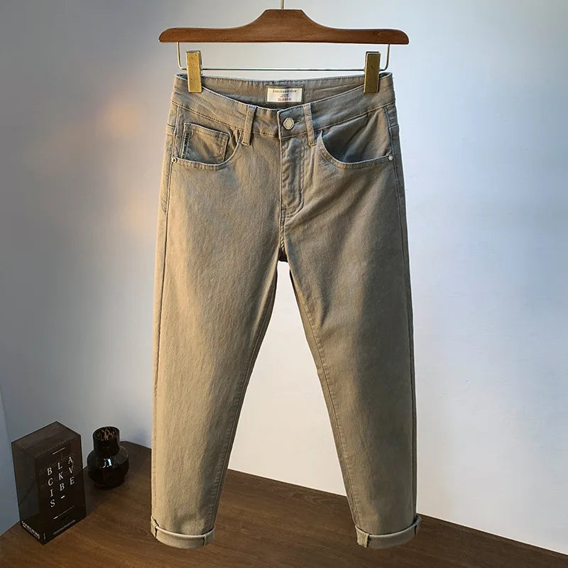 Light luxury men's jeans 2025 summer thin stretch tapered small straight leg casual versatile denim solid color pants