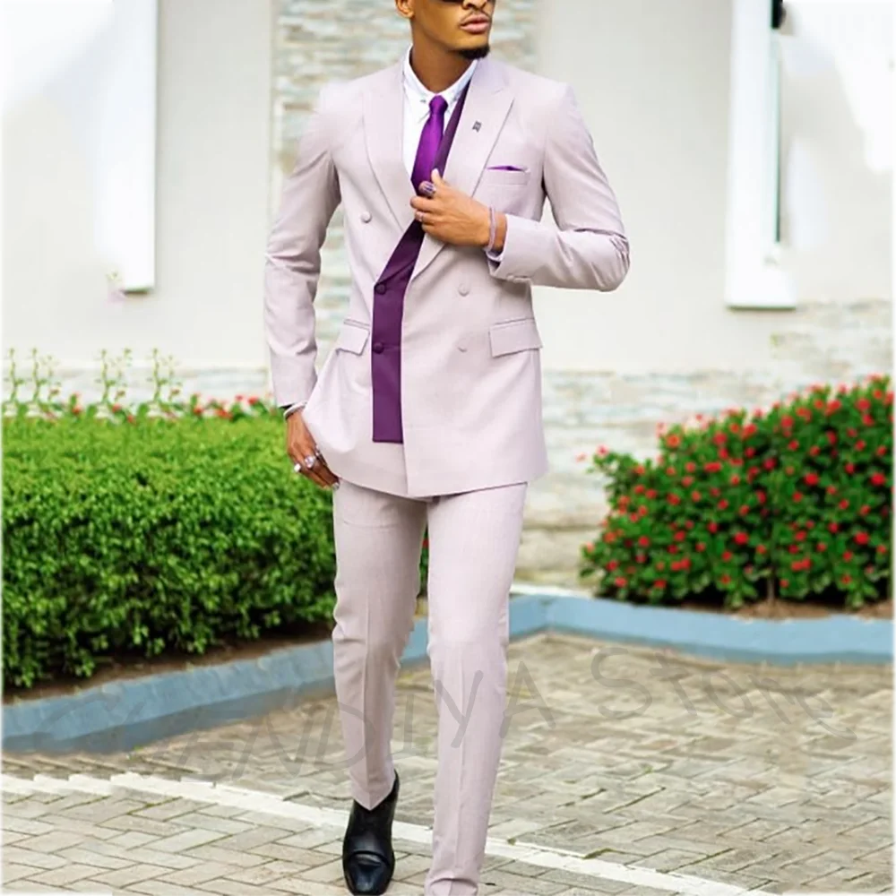 Tailor-Made Men's Suit Slim Fit Contrast Color Double Breasted High Quality Peaked Lapel Business Handsome Male Clothing Set