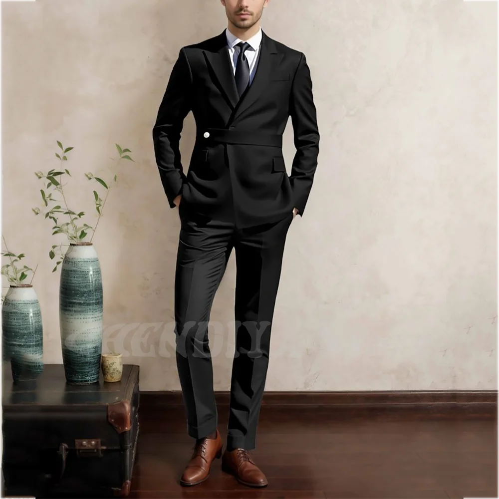 Solid Color Formal Suit For Men Slim Fitted Peaked Lapel High Quality Male Outfit Business Casual Office Wear Two Pieces