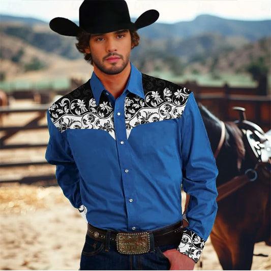 Floral Western Men's Shirt Formal Training Wedding Summer Spring Long Sleeve Blue S-5XL Polyester Shirt 2024 European Size