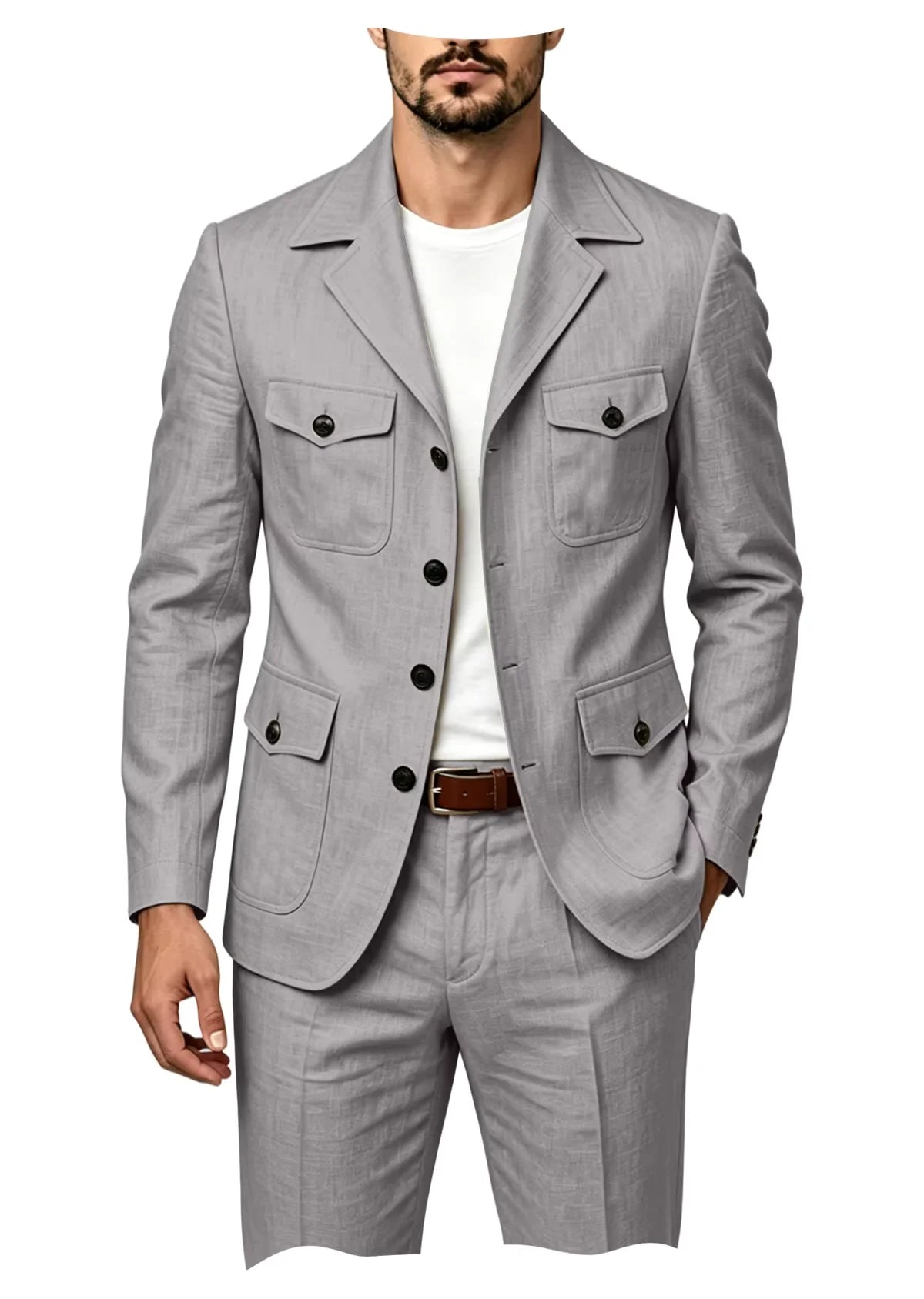 Men's Grey Linen Blend Suit 2 Piece Multi Pocket Peak Lapel Blazer pants Set Lightweight formal Suit for Summer Business Casual
