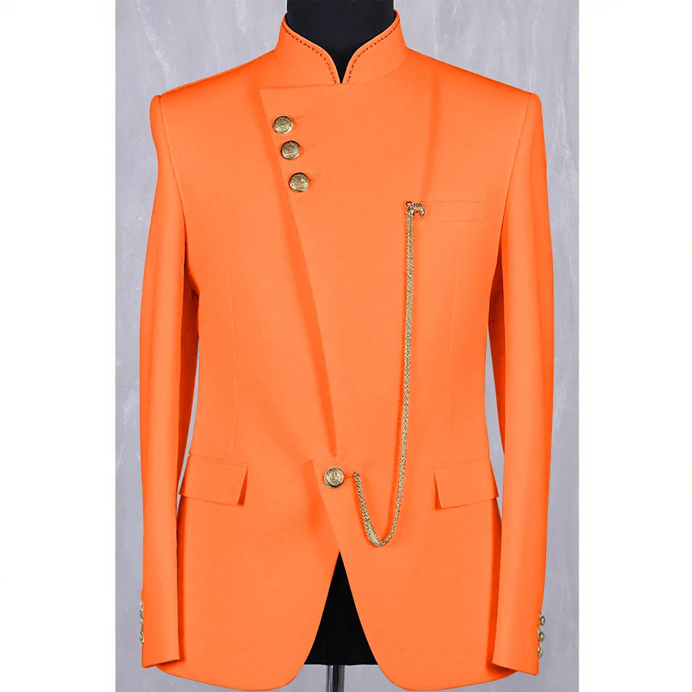 High Quality Blue Men Suit Casusl Blazer Single Breasted Stand Collar African Slim Fit Modern Style Outfits Jacket Pants
