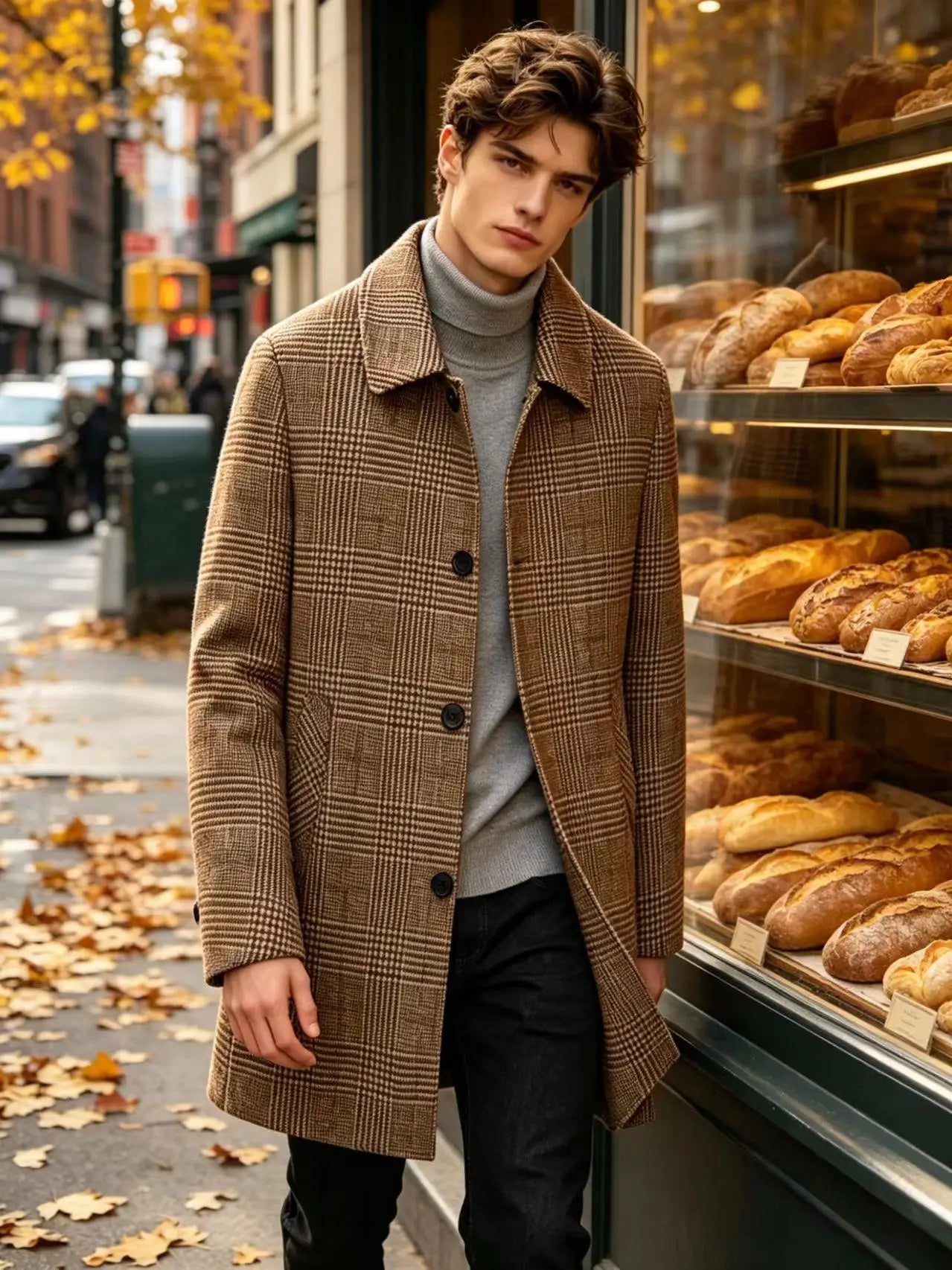 Men's Plaid Wool Blend Overcoat Turn Down Collar Mid Length Classic British Style Jacket For Business Casual