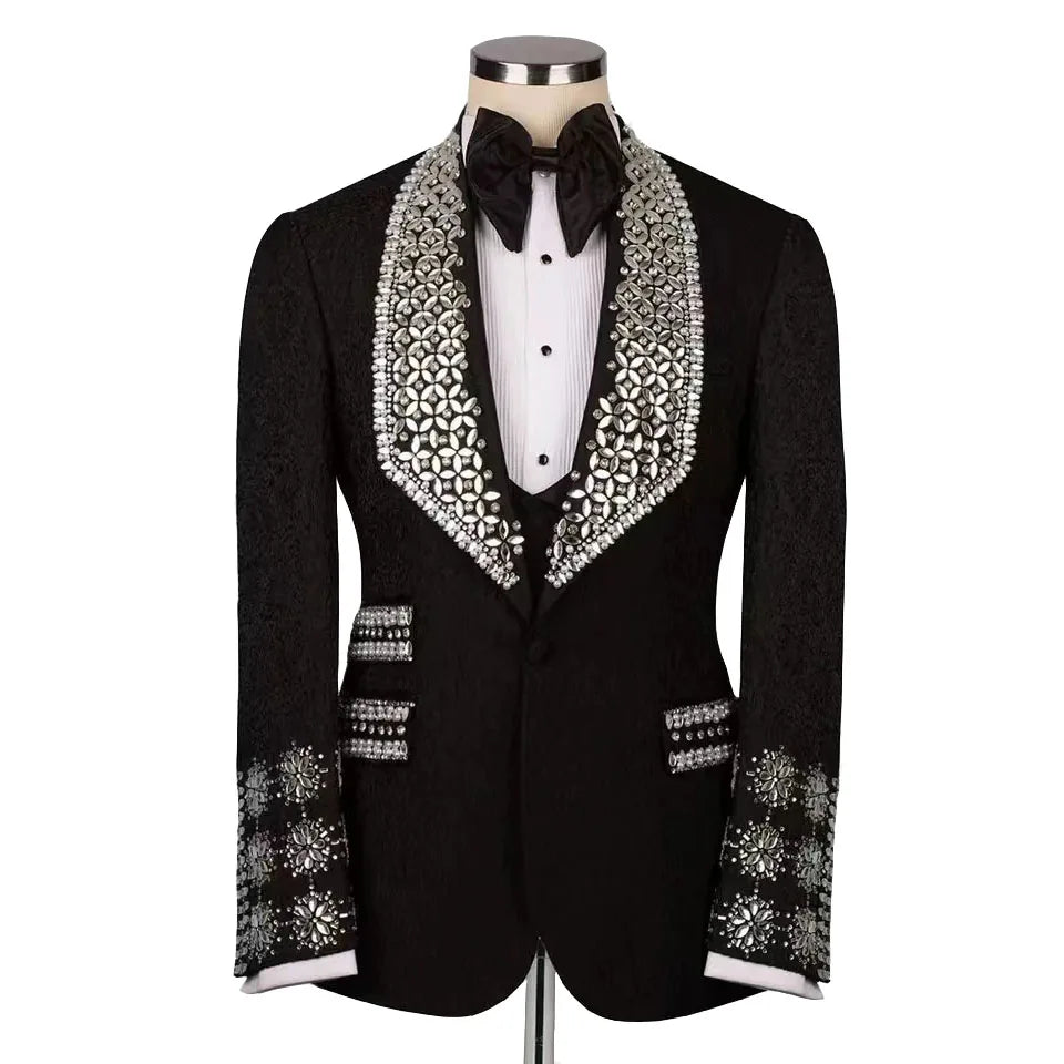 Luxury Beads Diamonds Sparkly 2 Pieces Blazer Pants Men Suits One Button Wide Lapel Formal Prom Wedding Groom