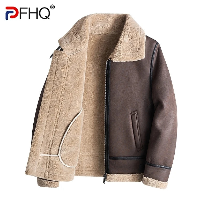 PFHQ Pu Leather Men's Cotton Coat Winter Thick Motorcycle Lamb Wool Jacket  Winter Patchwork Male Tops 21Z7302