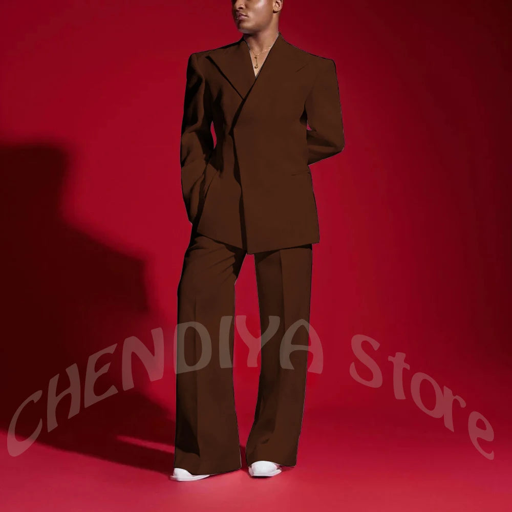 Elegant White Men Suit Peak Lapel Handsome Casual Male Clothing Two Pieces Jacket Pants Banquet Party Suits Set Straight