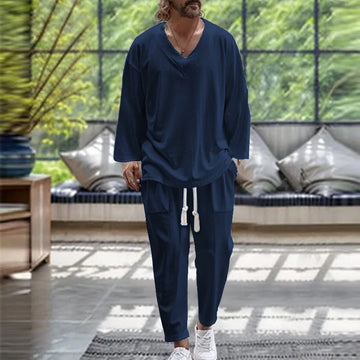 Men's V-neck two-piece set, fashion comfortable cotton hemp Korean style street loose long-sleeved drawstring pants casual suit
