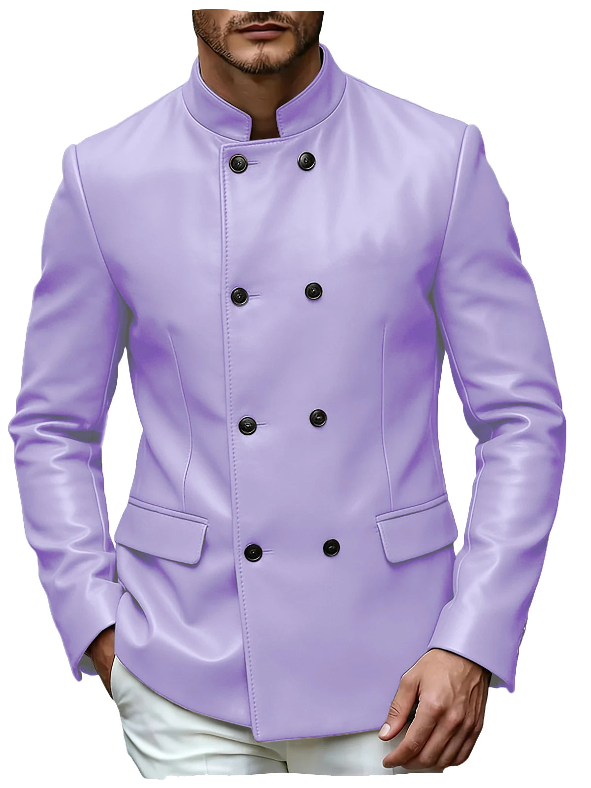 Men's Blazer Stand Collar Faux Leather Jacket High Quality Double Breasted Slim Fit Casual Coat For Business Office Outerwear