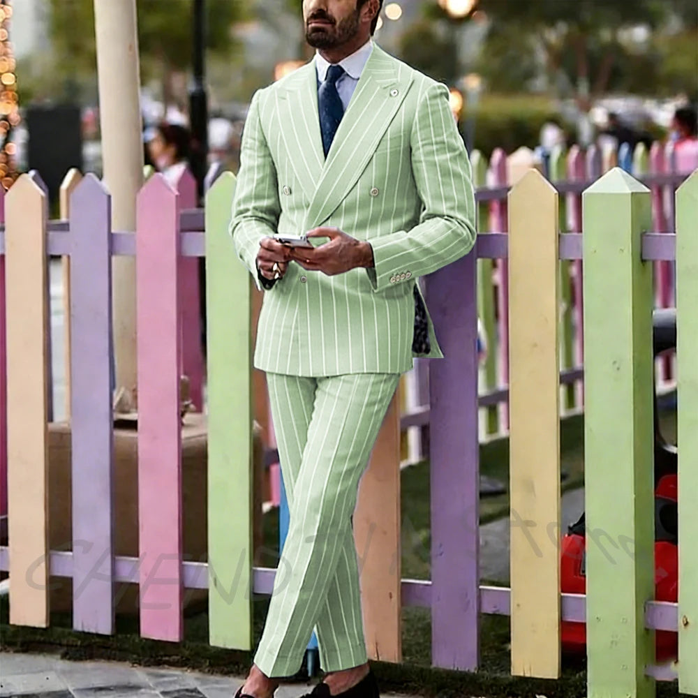 Light Purple Striped Men Suit England Style Peaked Lapel Double Breasted Classic Male Clothing Wedding Groom Tuxedo Custom Set