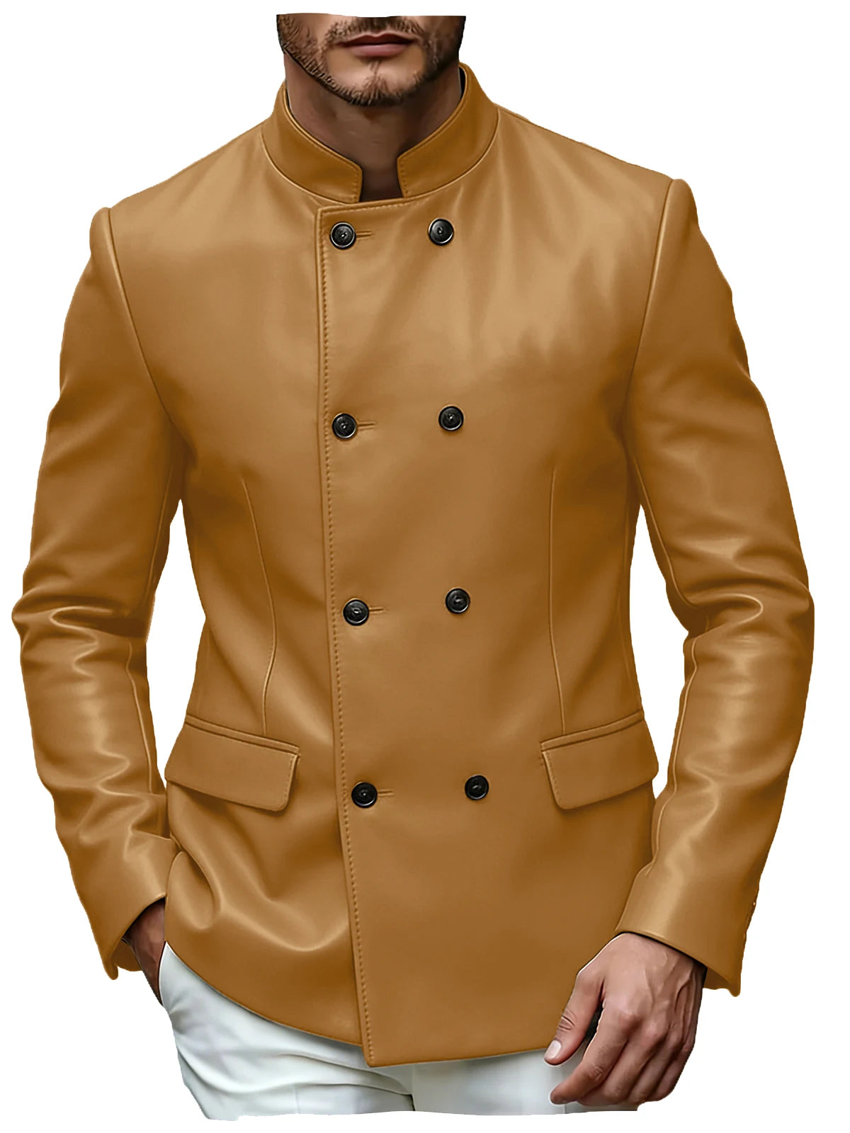 Men's Blazer Stand Collar Faux Leather Jacket High Quality Double Breasted Slim Fit Casual Coat For Business Office Outerwear