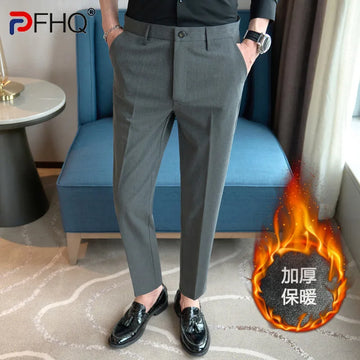 PFHQ Winter Style Warm Slim Fit Trousers Fleece Casual Suit Pants 2024 Solid Color Loose Handsome Business Korea Fashion