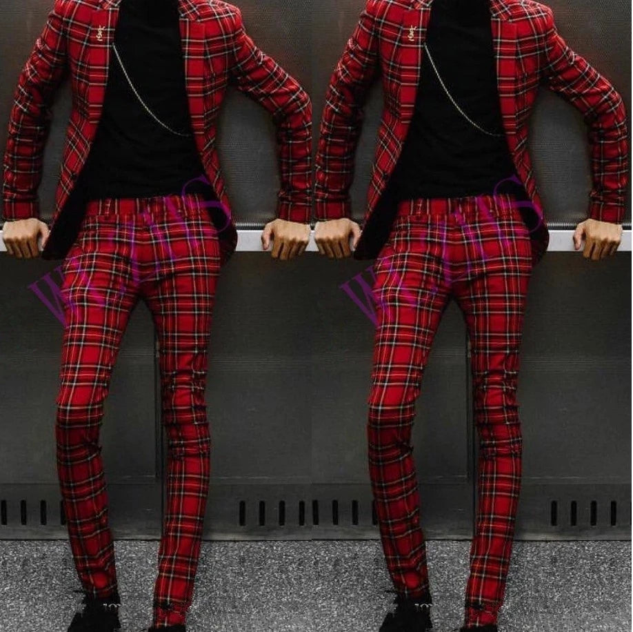Fashion Lattice Men's Suit Slim Fit Prom Wedding Suits For Men Groom Tuxedo Jacket Pants Set Custom Casual Formal 2 Piece