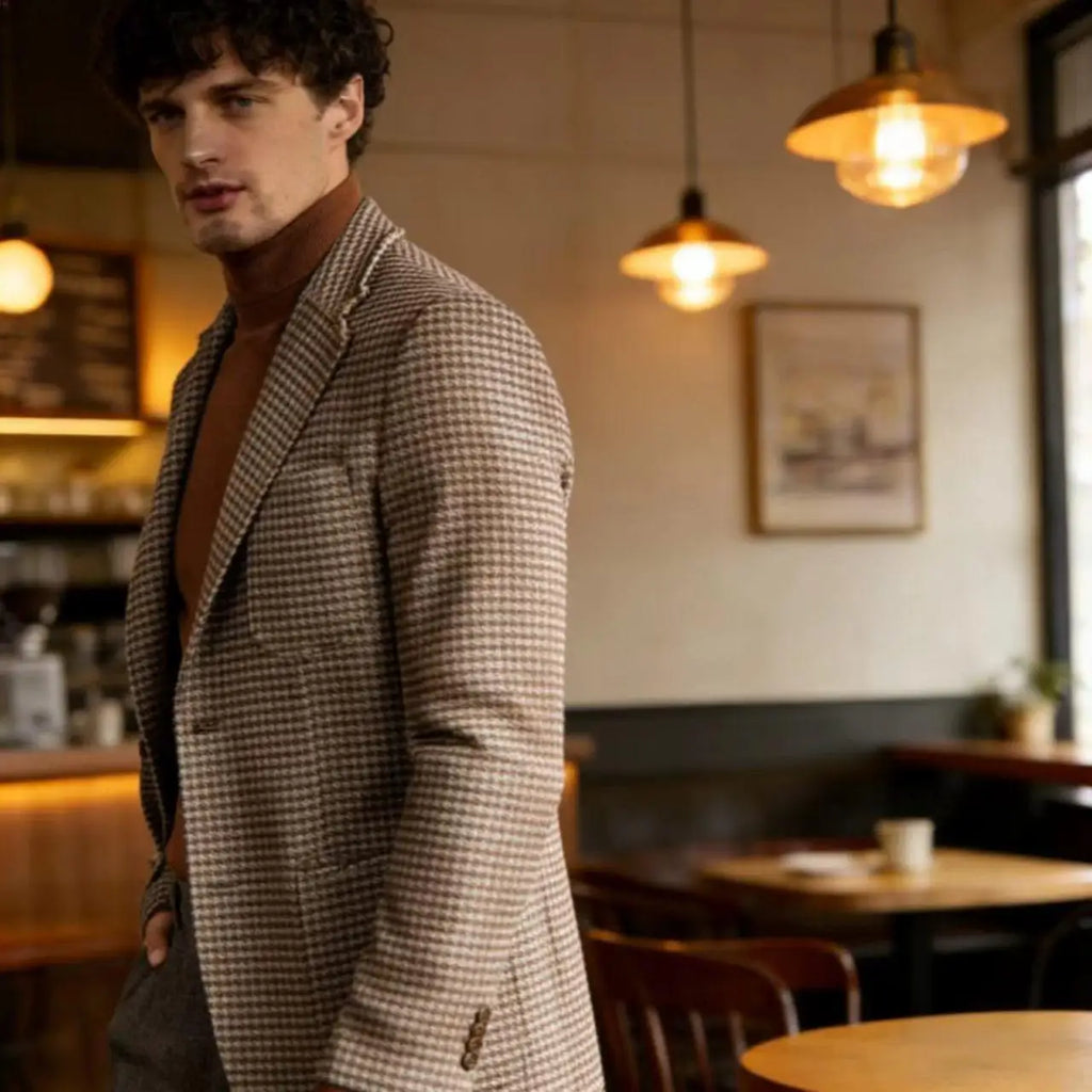 Men's Houndstooth Blazer Luxury Peak Lapel Slim Fit Wool Blend Suit Jacket For Classic Business Casual Fall Winter with Pockets