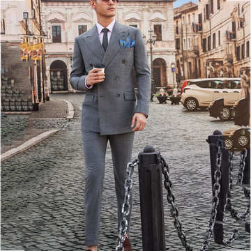 Gray Men's Suit Solid Color Outfit Peak Lapel Double Breasted Formal Set Two Piece Gentleman Party Wedding Male Clothing